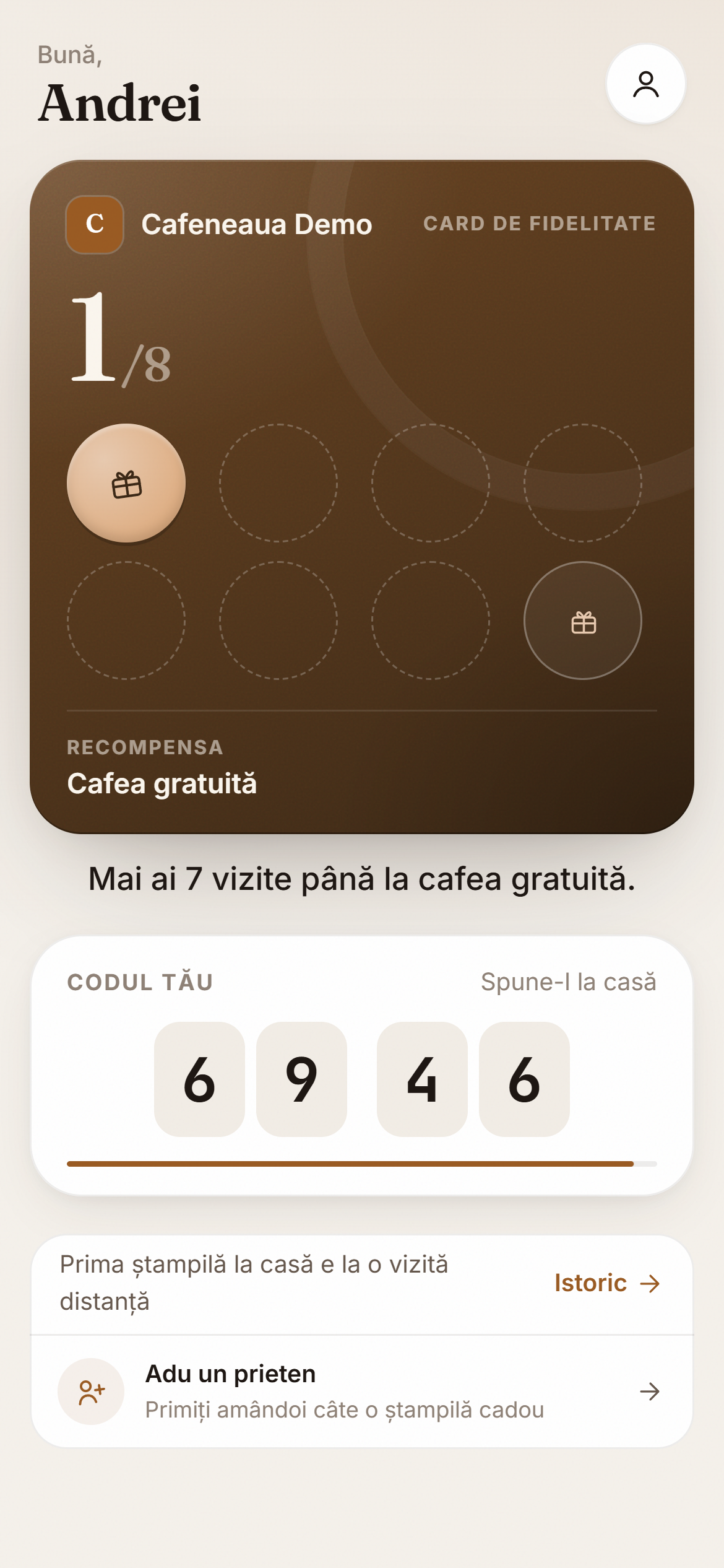 Cardul proaspăt creat, cu ștampila de bun venit și codul pentru casă.